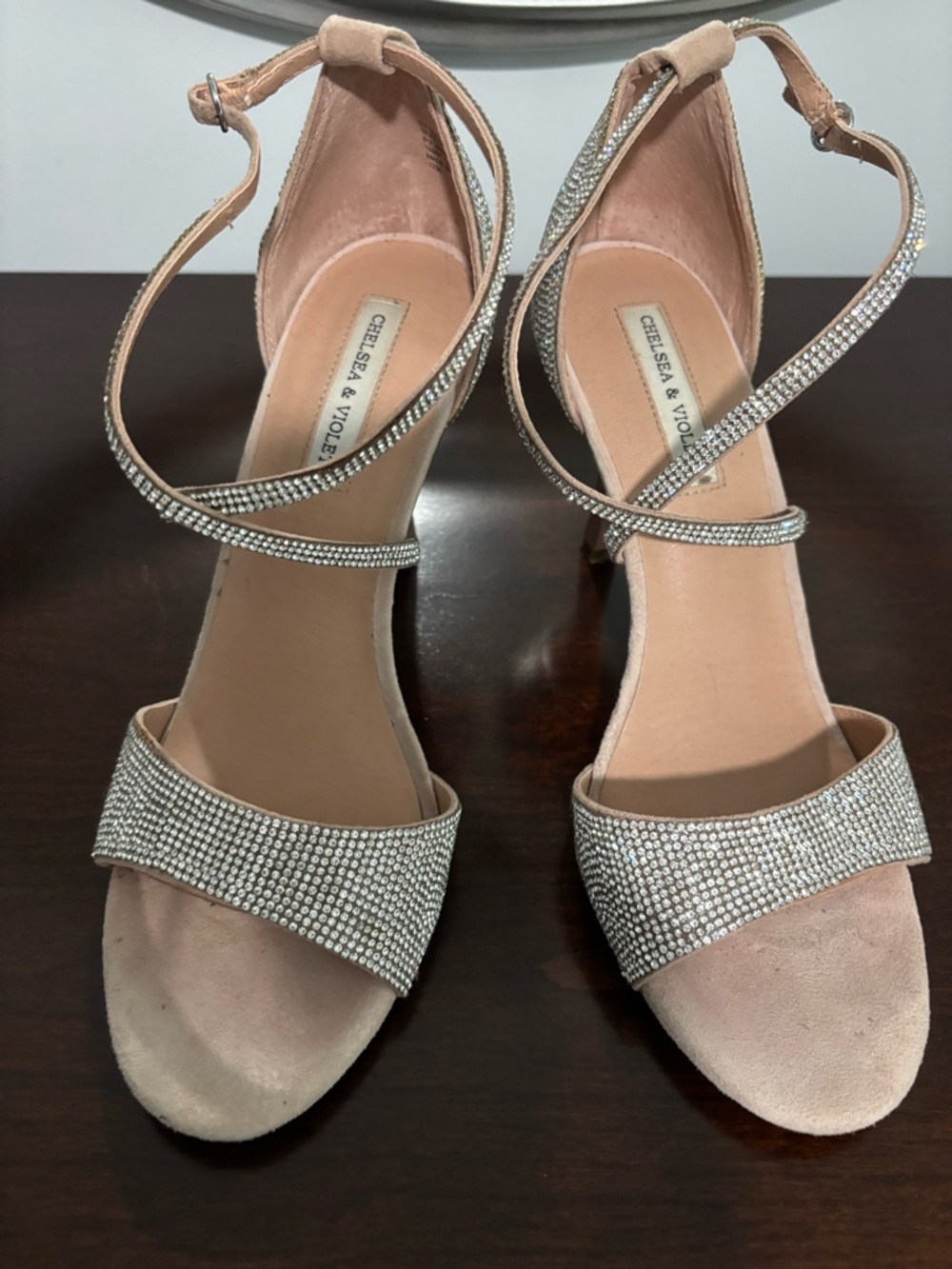 Chelsea & Violet Blush Pink Crystal Wrap-Ankle Heels